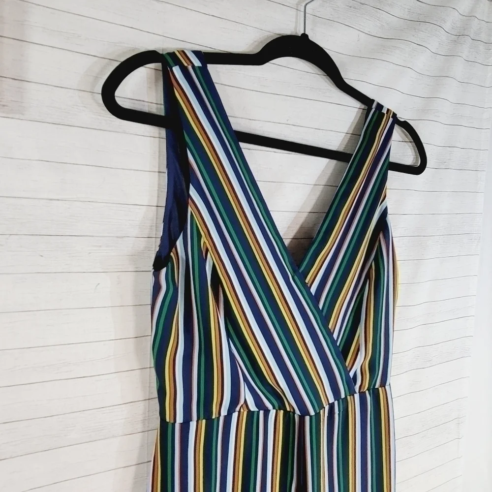LULUS Allyson Navy Blue Multi Striped Tie-Back Culotte Jumpsuit, SZ Small Lulus